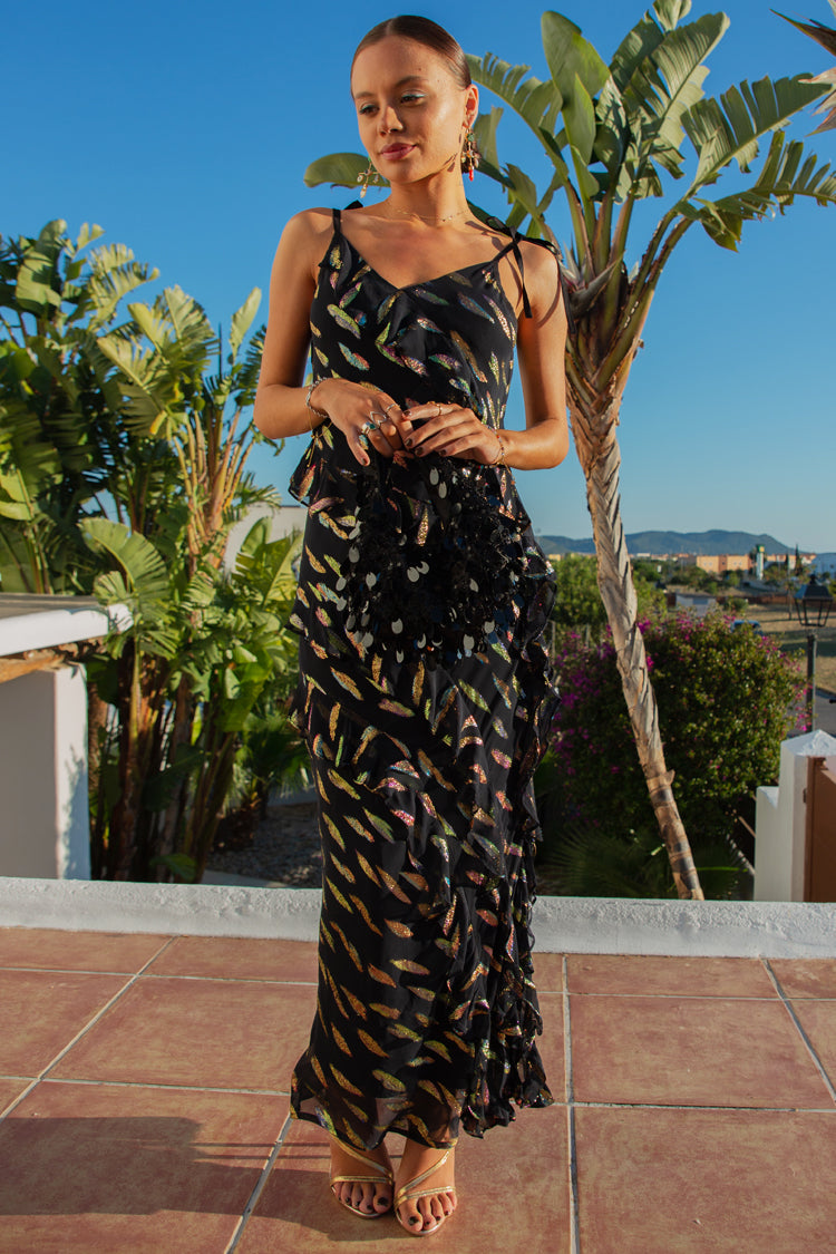 Model wearing Black Jacquard Faro Maxi Dress 