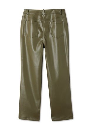 Khaki green vegan leather trousers featuring a straight leg and back pocket detailing.