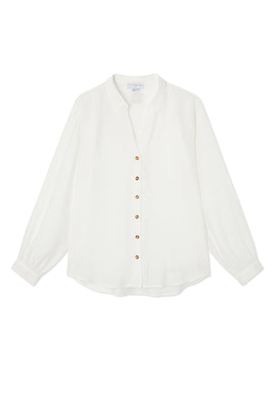 Oversized white Miley shirt featuring blouson sleeves and contrast tortoise buttons in a luxe, lightweight fabric.