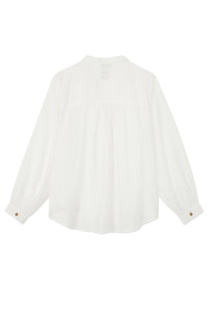 Oversized White Miley Shirt seen from the back, featuring blouson sleeves and contrast tortoise button cuffs.