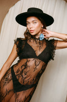 Thumbnail for Model wearing Black Fine Lace Raven Dress