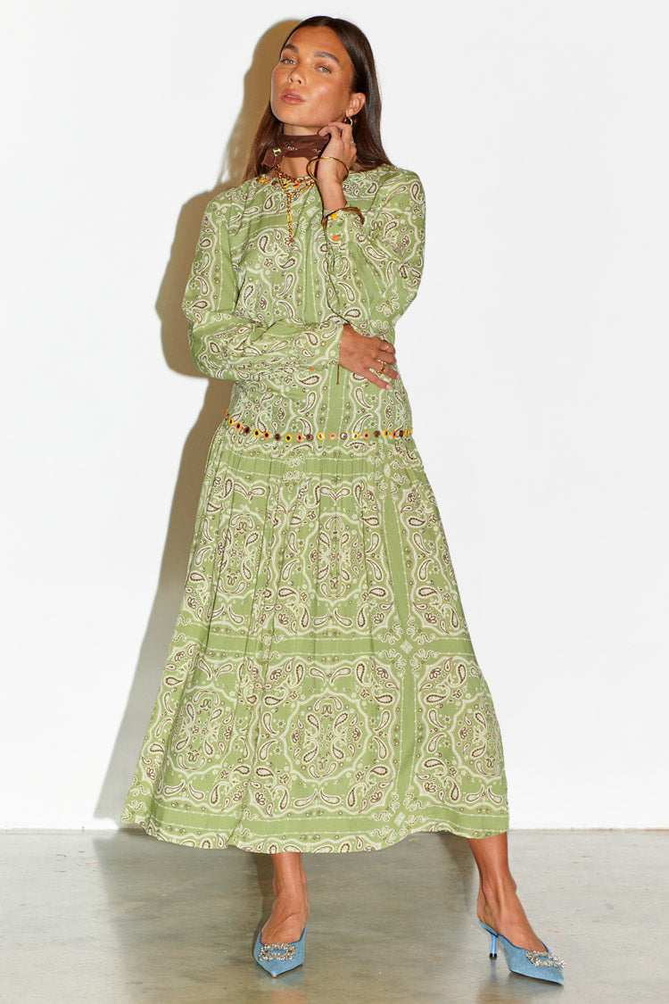 Model wearing Khaki Bandana Indie Dress standing facing the camera 