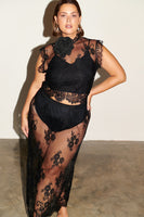 Thumbnail for caption_Model wears Black Fine Lace Esme Top in UK 18 / US 14