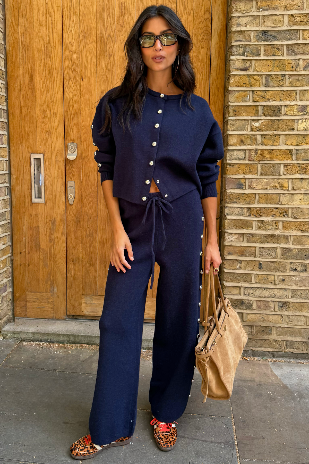 Navy Studded Wide Leg Knit Joggers