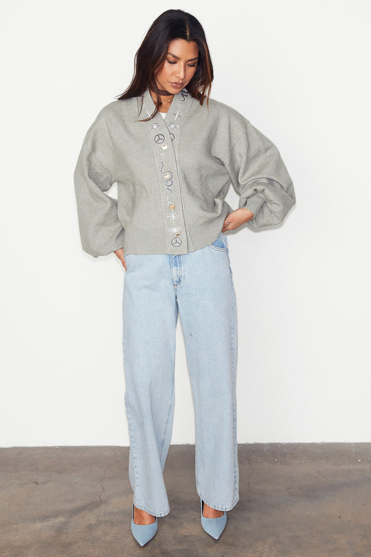 Model wearing Grey Astrid Knit Bomber