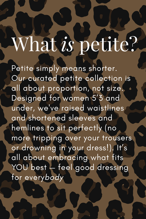 "What is petite?" text on a leopard print background explaining inclusive sizing for women 5'3" and under.