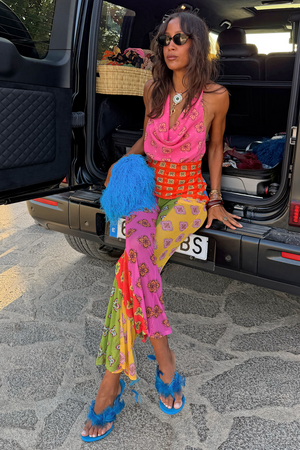 Pink Mix Tile Mesh Flare Trousers