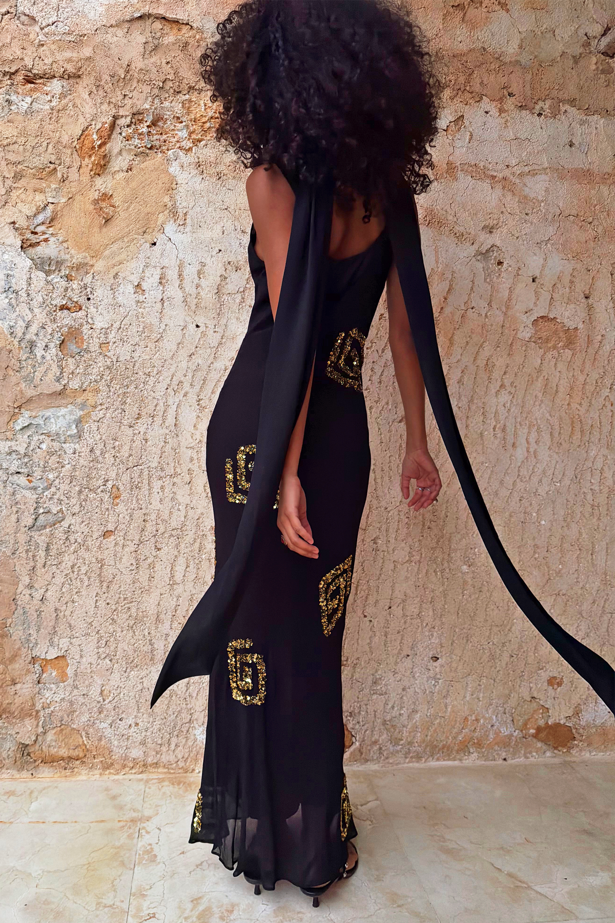 Black & Gold Simona Maxi Dress Petite with gold sequin motifs and scarf ties, designed in London.