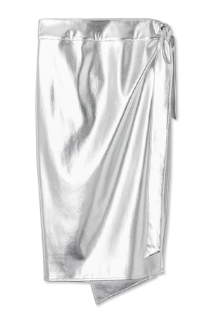 Silver metallic vegan leather Jaspre wrap midi skirt featuring an adjustable side tie fastening.