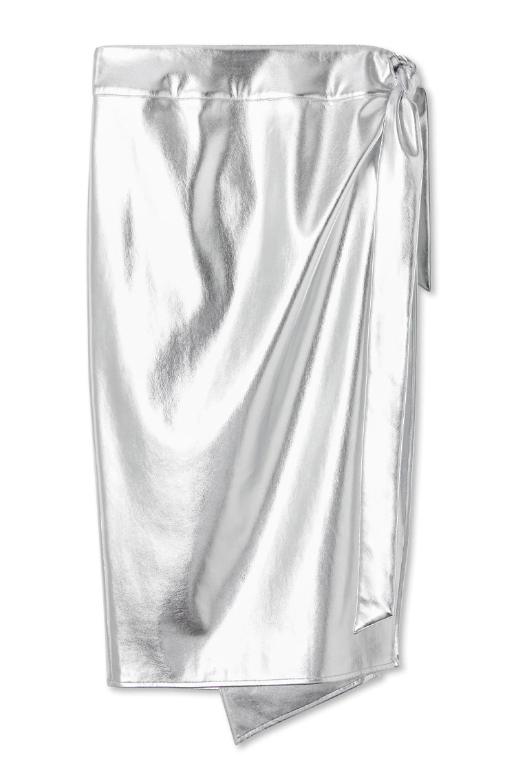 Silver metallic vegan leather Jaspre wrap midi skirt featuring an adjustable side tie fastening.