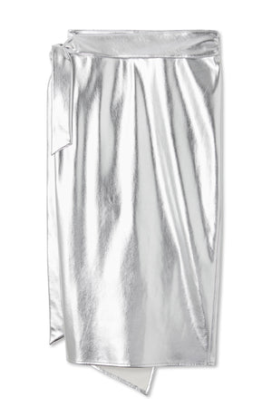 Silver metallic vegan leather Jaspre wrap midi skirt with a side tie detail on a white background.