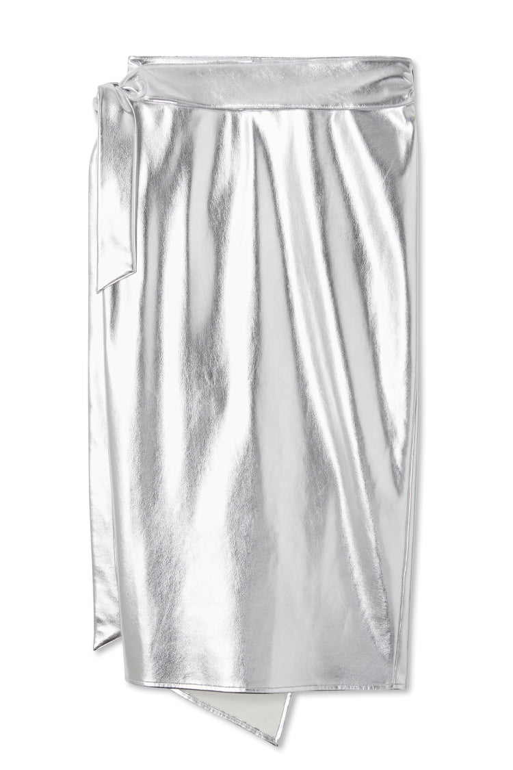 Silver metallic vegan leather Jaspre wrap midi skirt with a side tie detail on a white background.