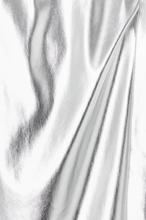 Close-up of metallic silver vegan leather fabric on the iconic Jaspre wrap skirt.