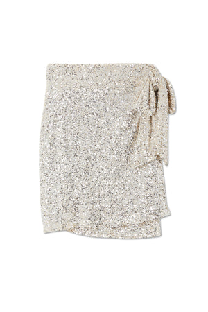 Iconic silver sequin mini Jaspre wrap skirt with a side tie waist for adjustable multi-wear styling.