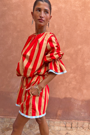Tomato Stripe Ellie Shorts and matching co-ord blouse in red and camel stripes with blue contrast trims.