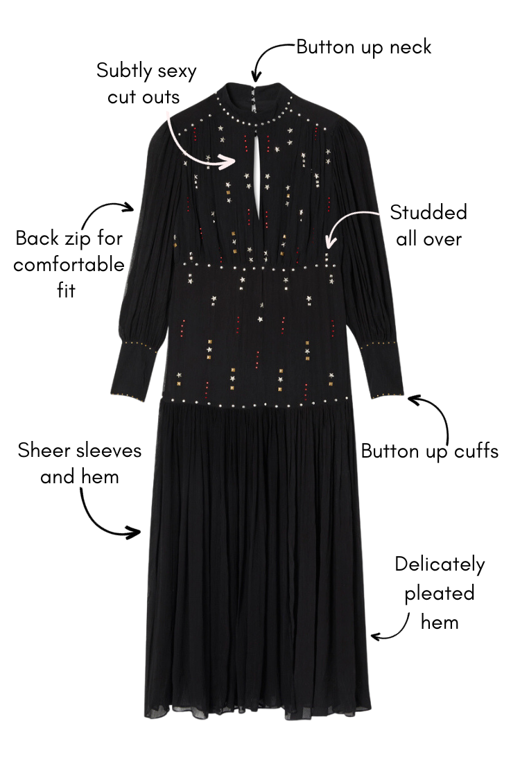 Picture showing unique selling points of the Black Studded Azelea Dress