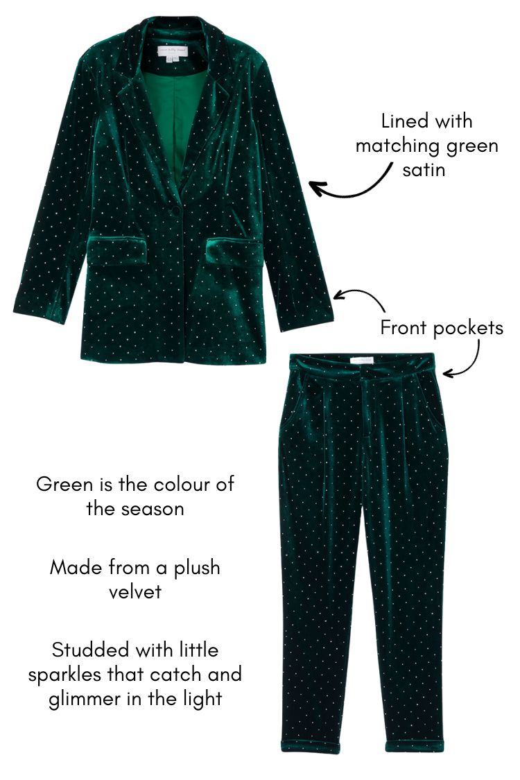 Picture showing features of the Emerald Velvet Quinn Blazer and matching trousers
