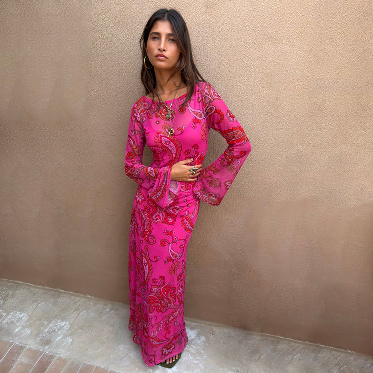 Women's Pink Paisley Mesh Dress in - Size 16