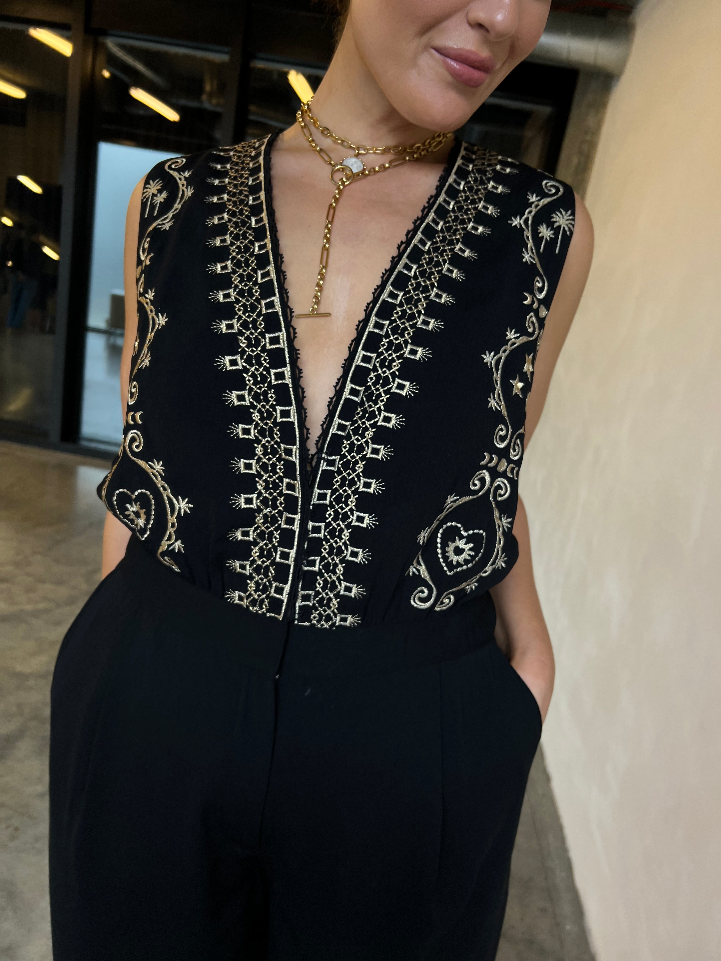 Model wearing Black Embroidered Jumpsuit