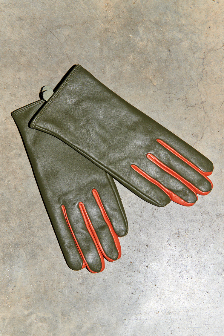Khaki And Orange Leather Gloves