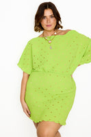 Thumbnail for caption_Model wears Lime Plisse Mini Tilly Dress in UK size 18/ US 14