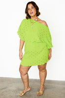 Thumbnail for caption_Model wears Lime Plisse Mini Tilly Dress in UK size 18/ US 14