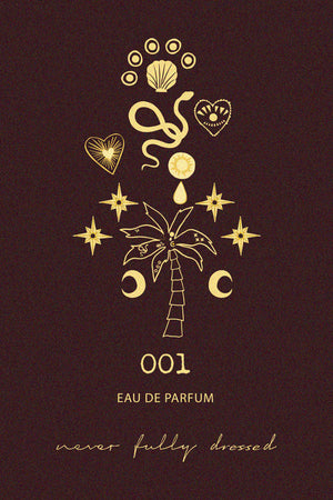 NFD Eau De Parfum 001 graphic featuring gold celestial icons and a palm tree on a dark brown background.