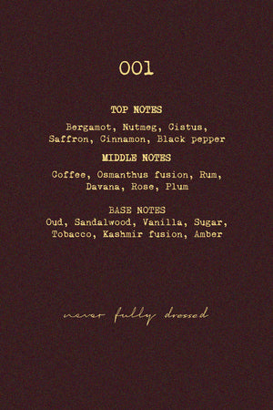 NFD Eau De Parfum 001 fragrance notes listing bergamot, coffee and oud on a dark textured background.
