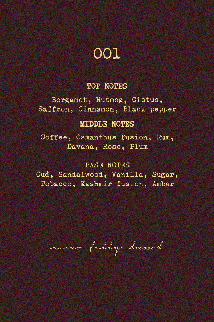 NFD Eau De Parfum 001 fragrance notes listing bergamot, coffee and oud on a dark textured background.