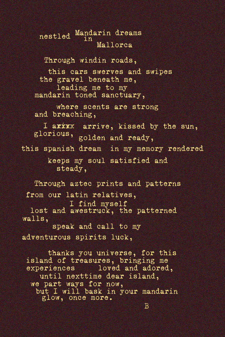 Yellow typewriter-style poem on a dark background detailing the Mallorca-inspired NFD Eau De Parfum 001 scent story.