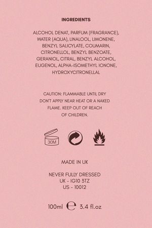 NFD Eau De Parfum 002 ingredient list and safety details on a soft pink background, made in the UK.