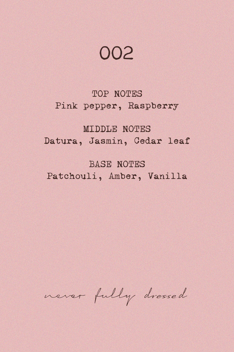 NFD Eau De Parfum 002 fragrance notes graphic on a pink background, listing pink pepper, raspberry, jasmine and vanilla.