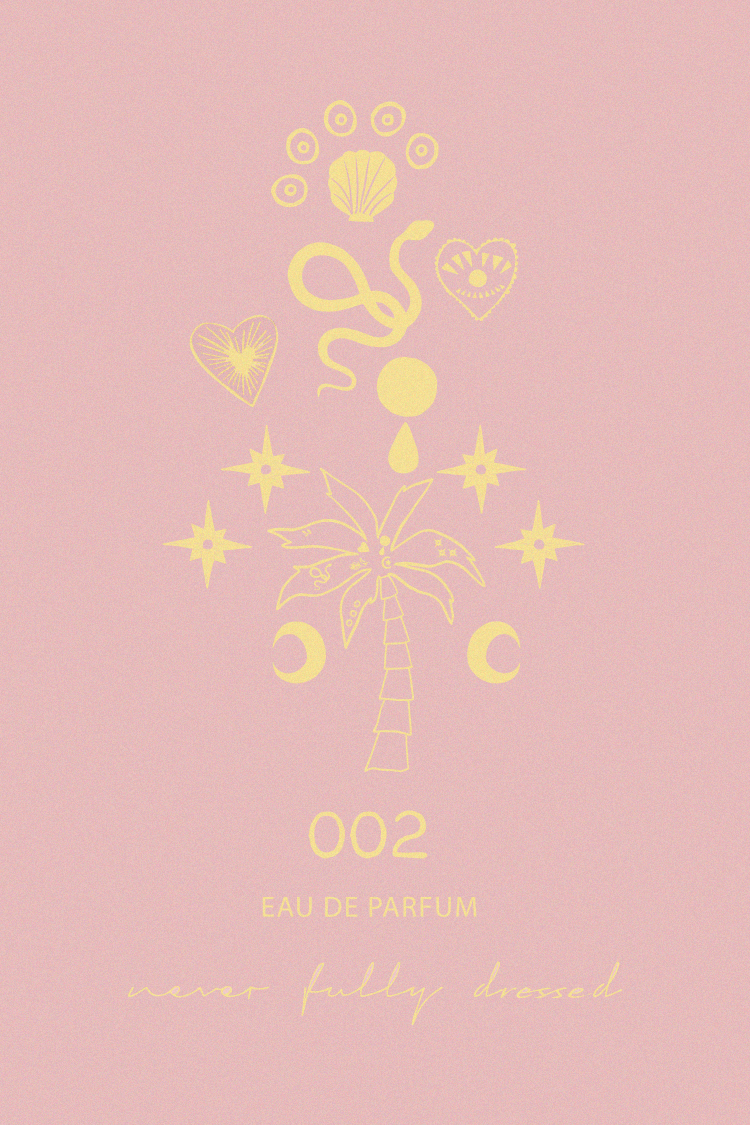 NFD Eau De Parfum 002 graphic featuring yellow palm tree, moon, and star icons on a blush pink background.