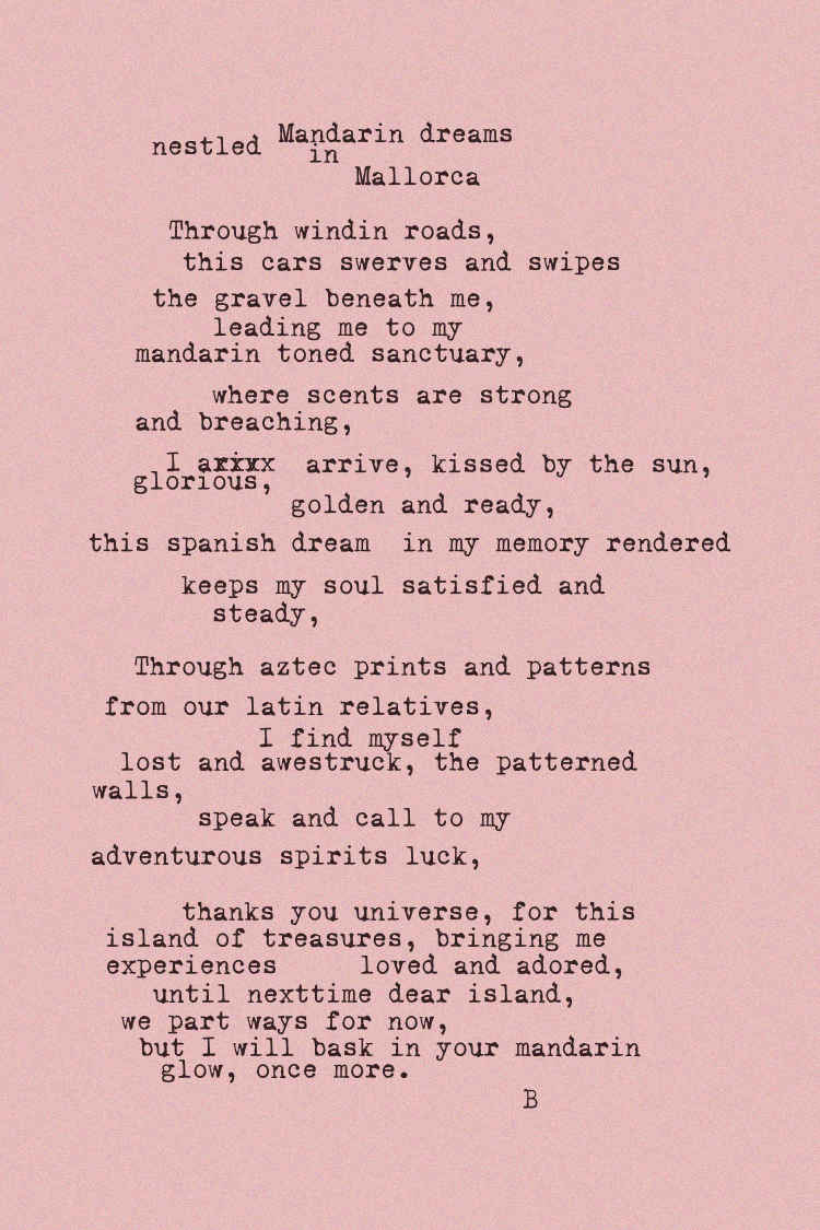 Typewriter-style poem on a pink background describing the Mallorca scent inspiration for NFD Eau De Parfum 002.
