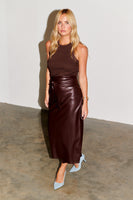 Thumbnail for Model wearing Chocolate Vegan Leather Jaspre Skirt full length 