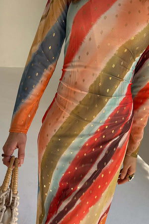 Multicoloured Sunset Stripe Mesh Midi Dress with gold foil details and sheer long sleeves.