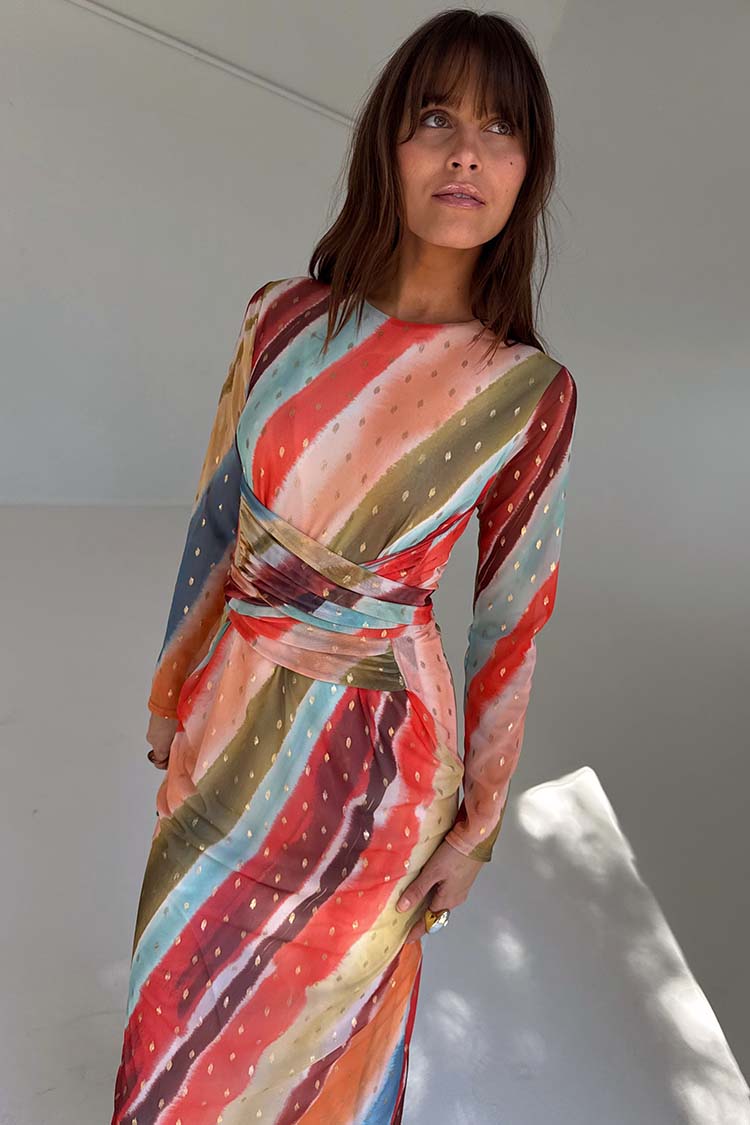 Sunset Stripe Mesh Midi Dress | Never Fully Dressed