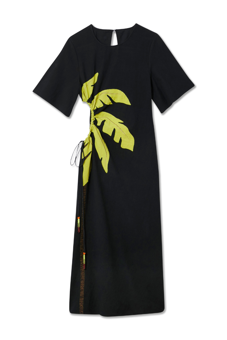 Black Palm Riviera Dress with an iconic lime green palm motif, side cut-out and adjustable tie detailing.