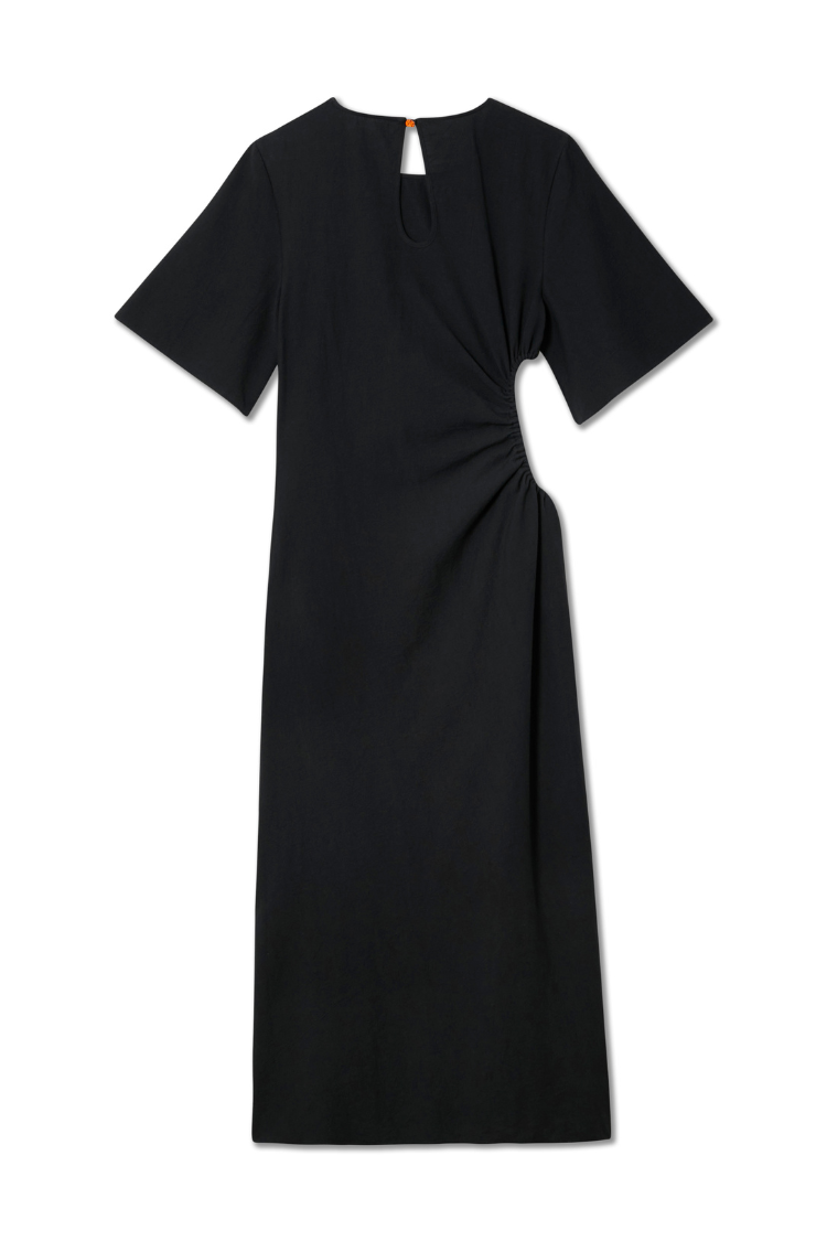 Black Palm Riviera Dress featuring a side cut-out, waist ruching, and a keyhole back with an orange button.
