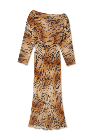 Animal Tilly Dress in a bold tiger print with an off-the-shoulder silhouette and long sleeves.