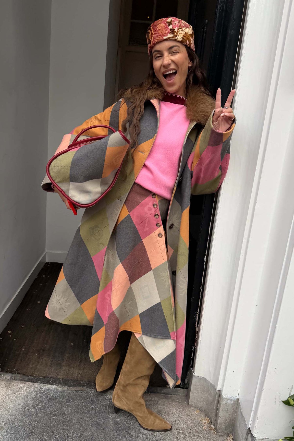 Argyle Wool Blend Long Coat