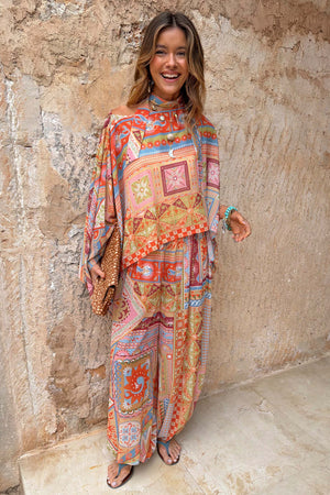 Dolce Vita Balloon Trousers with a multi-coloured tile print and wide-leg fit, styled as a matching co-ord.