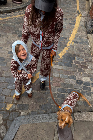 Chocolate Bandana Dog Jumper on a pup, styled with matching family knitwear on a cobbled London street.