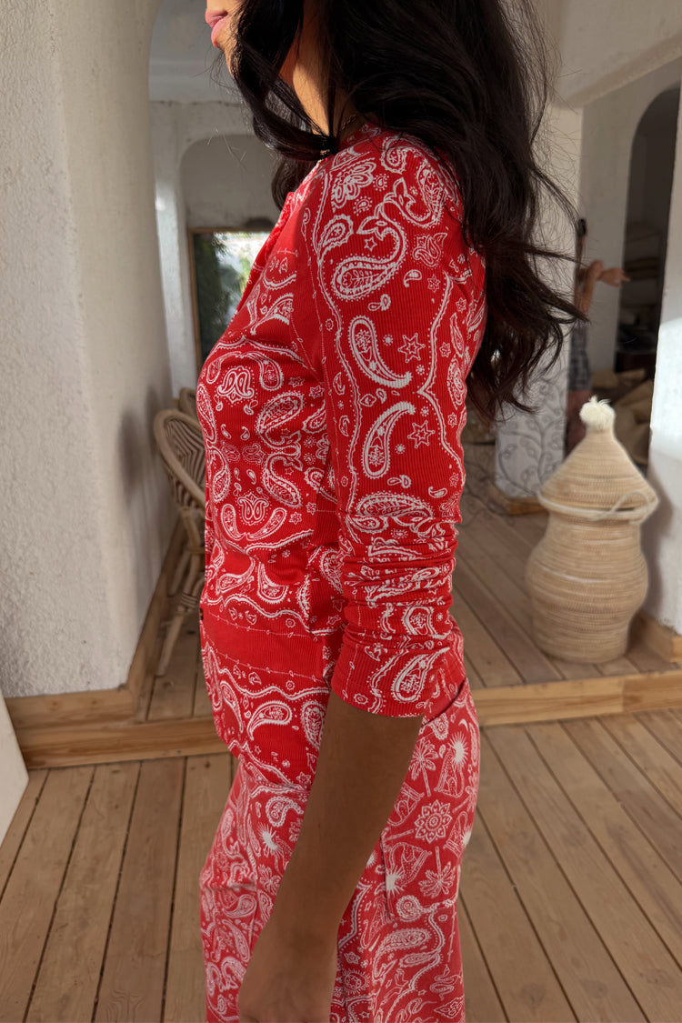 Red Bandana Alexa Cardigan in ribbed stretch fabric with an iconic bandana print, shown in a side profile.