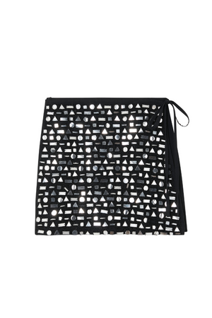 Black Beaded Mirror Wrap Mini Skirt featuring silver geometric glass beads and a side tie fastening.