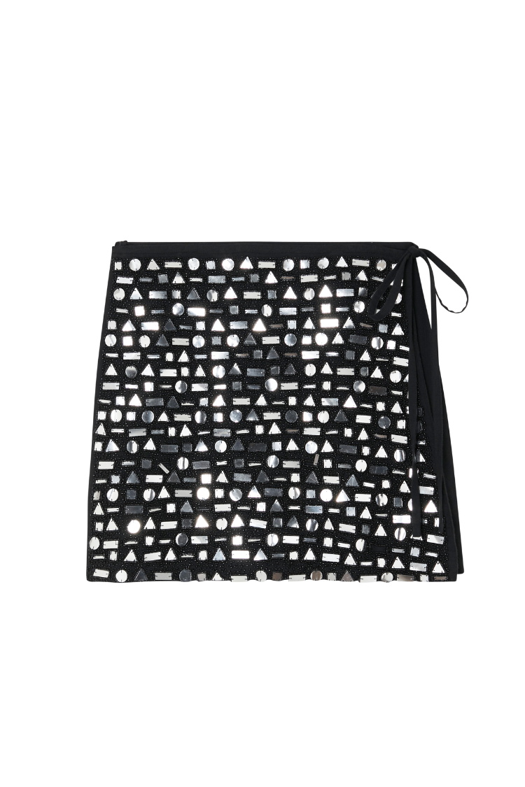 Black Beaded Mirror Wrap Mini Skirt featuring silver geometric glass beads and a side tie fastening.
