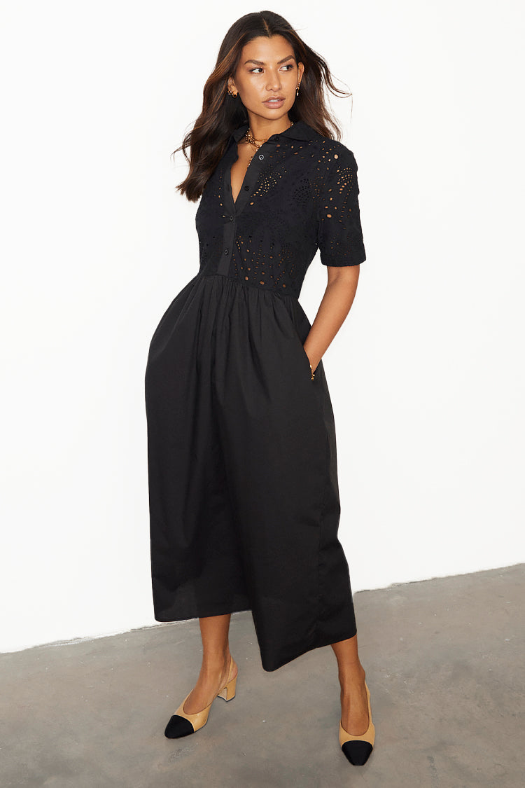  caption_Model wears Black Palm Broderie Hayley Dress in UK size 10/ US 6
