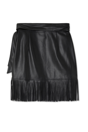 Iconic black vegan leather mini Jaspre skirt with fringe detailing and multi-wear wrap fastening.