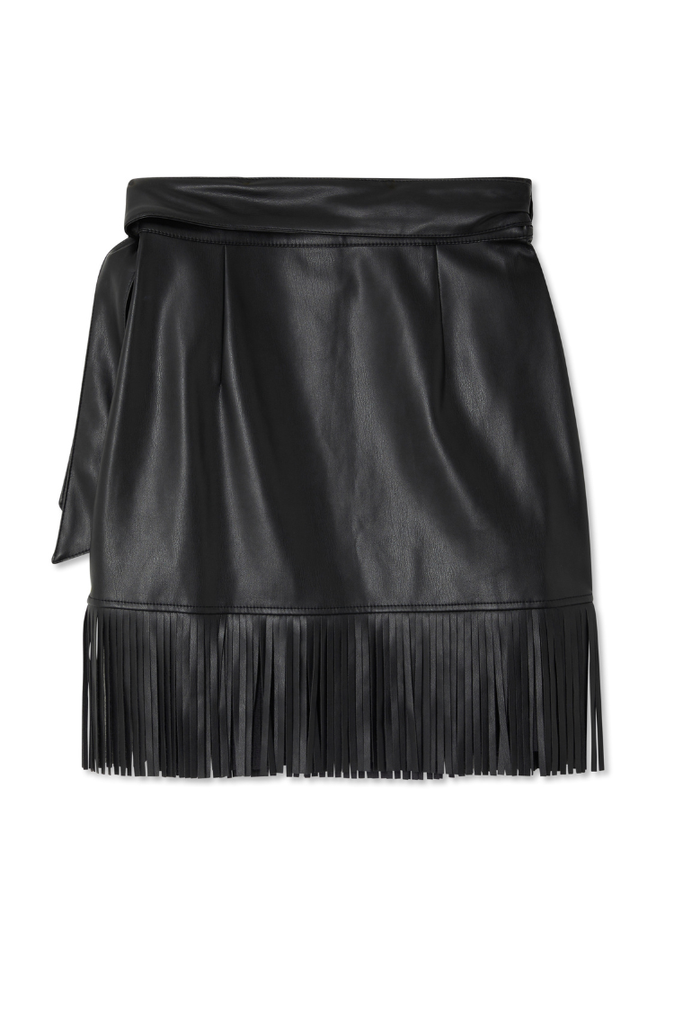 Iconic black vegan leather mini Jaspre skirt with fringe detailing and multi-wear wrap fastening.