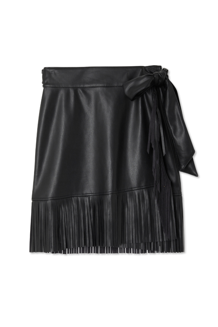 Black vegan leather mini Jaspre wrap skirt featuring fringe detailing on the hem and side tie fastening.